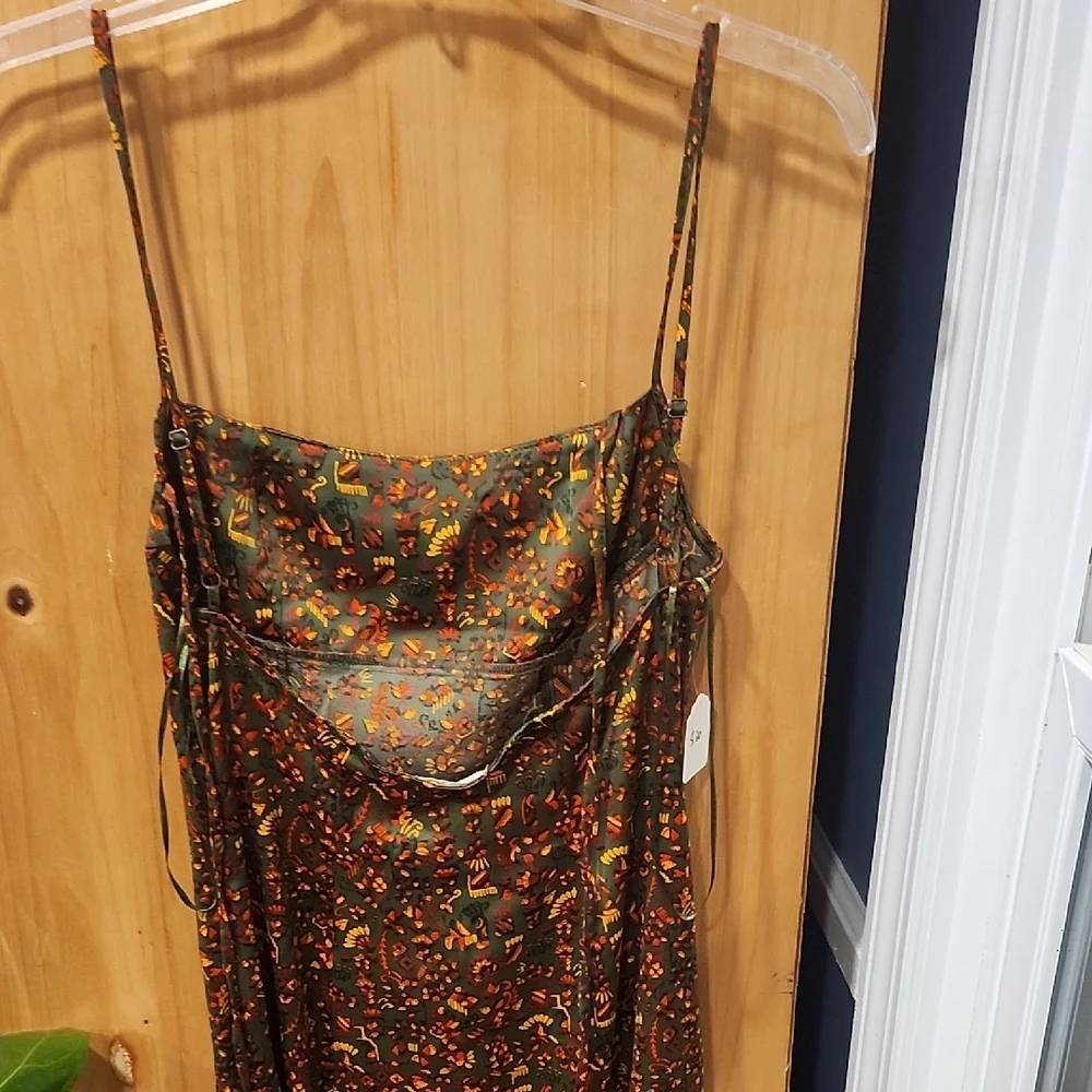 Urban Outfitters Olive Green Satin Maxi Slip Dress with Rust Floral Print - Picture 3 of 4